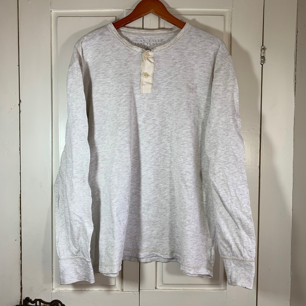 American Eagle Outfitters Mens XXL Athletic Fit Henley Shirt Grey Grunge LS READ